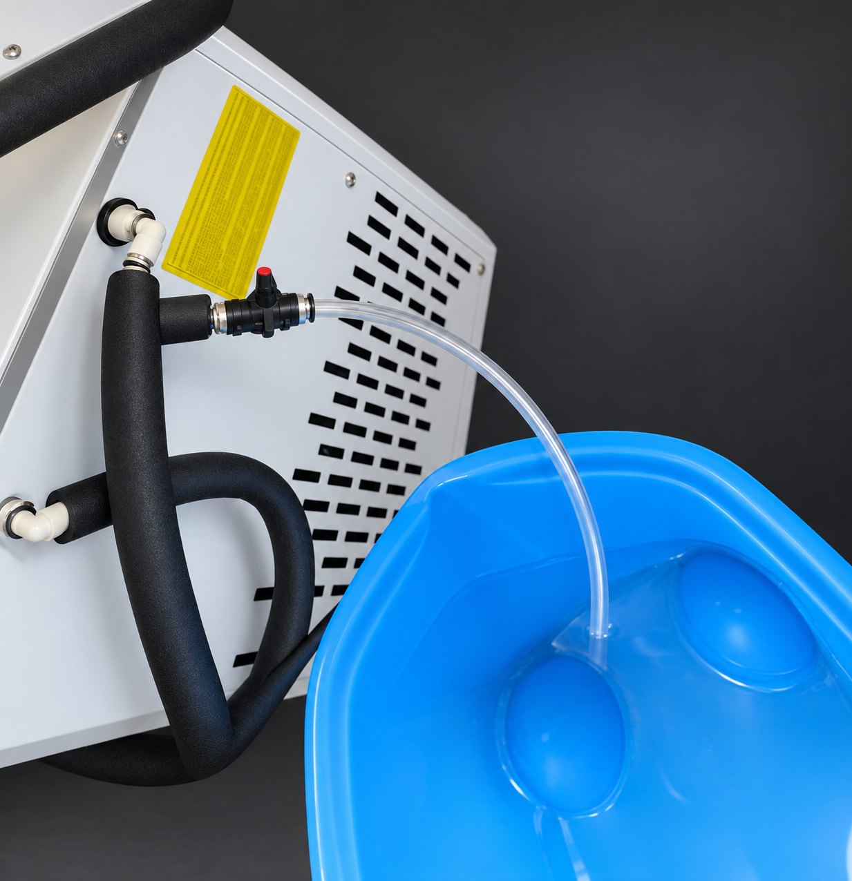 AC Maintenance Kit service valve draining a chamber AC chiller into a bucket