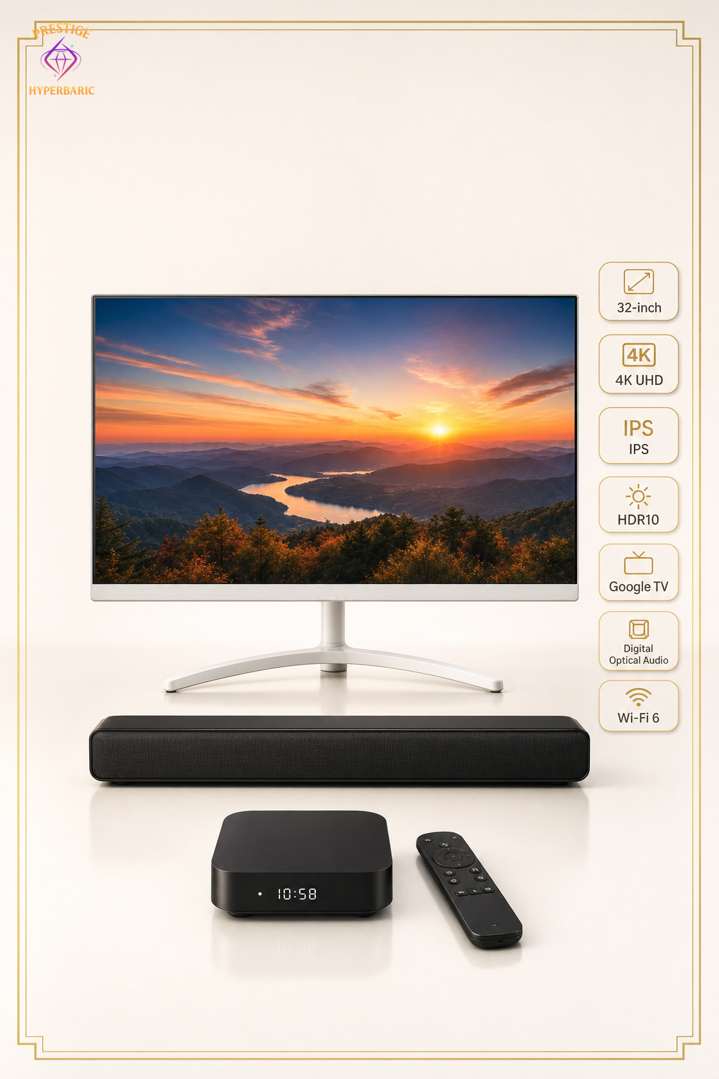 In-Chamber 4K UHD Entertainment Upgrade Kit — 4K IPS monitor, digital optical soundbar, and streaming media box
