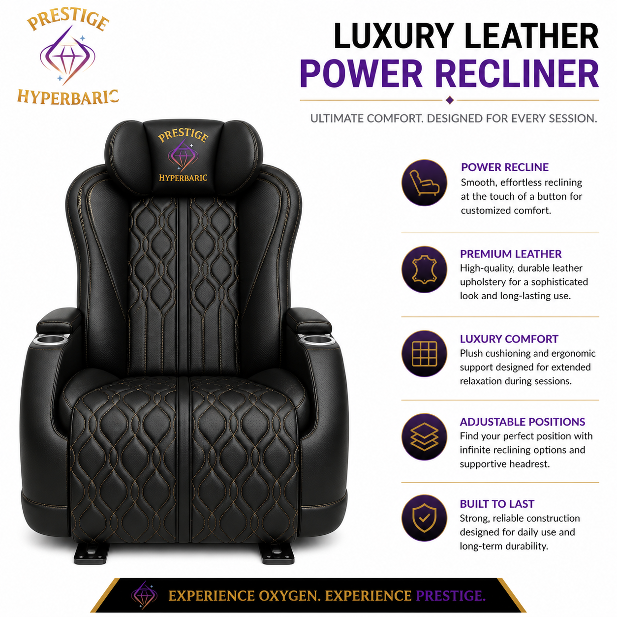 Luxury leather power recliner for hyperbaric session comfort
