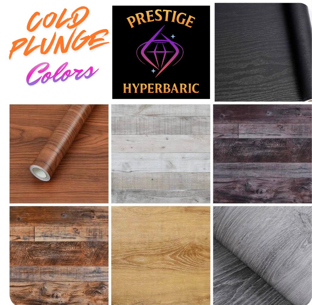Prestige Cold Plunge — 7 wrap color options: Ebony Black, Walnut Brown, Whitewash Pine, Rustic Plum, Reclaimed Barnwood, Natural Oak, Driftwood Gray