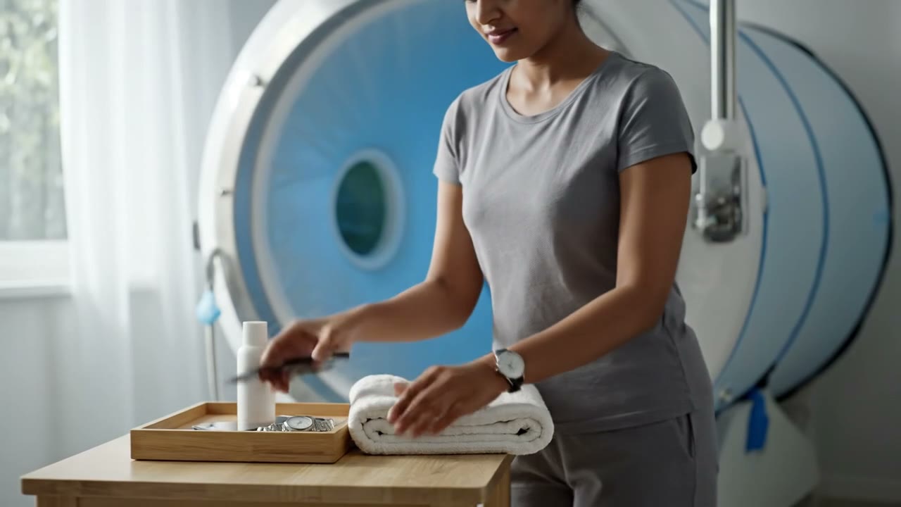 Illustrative generated scene of a chamber operator in cotton clothing placing personal items on a tray outside a hyperbaric chamber