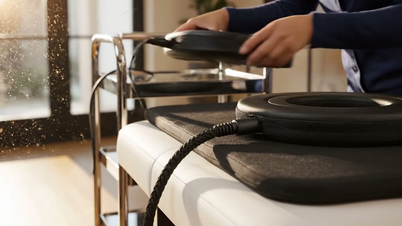Illustrative generated scene of a technician setting a PMST LOOP Single Loop LARGE applicator beside a PEMF mattress on a showroom bench