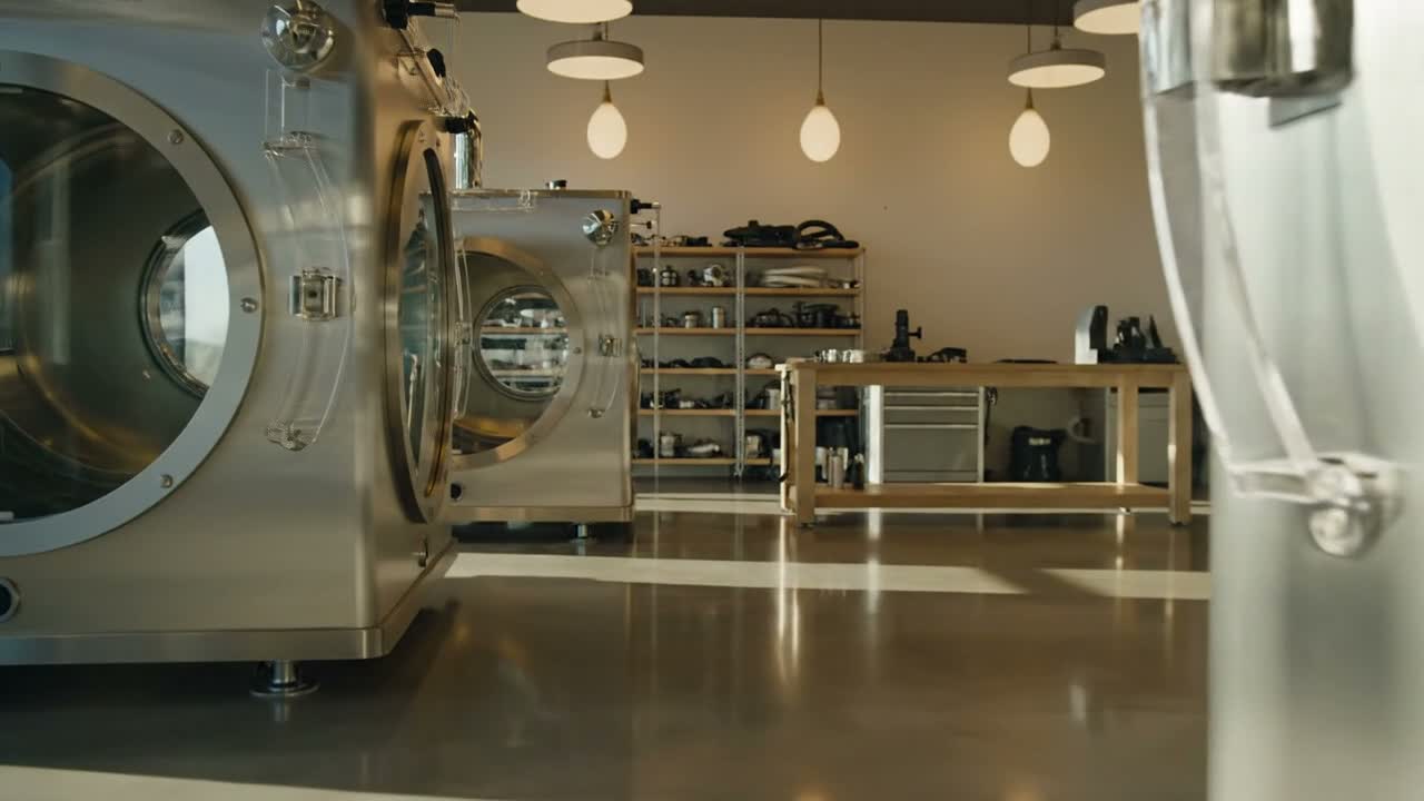 Illustrative AI-generated wide shot of hardshell hyperbaric chambers and a parts workbench in a sunlit showroom