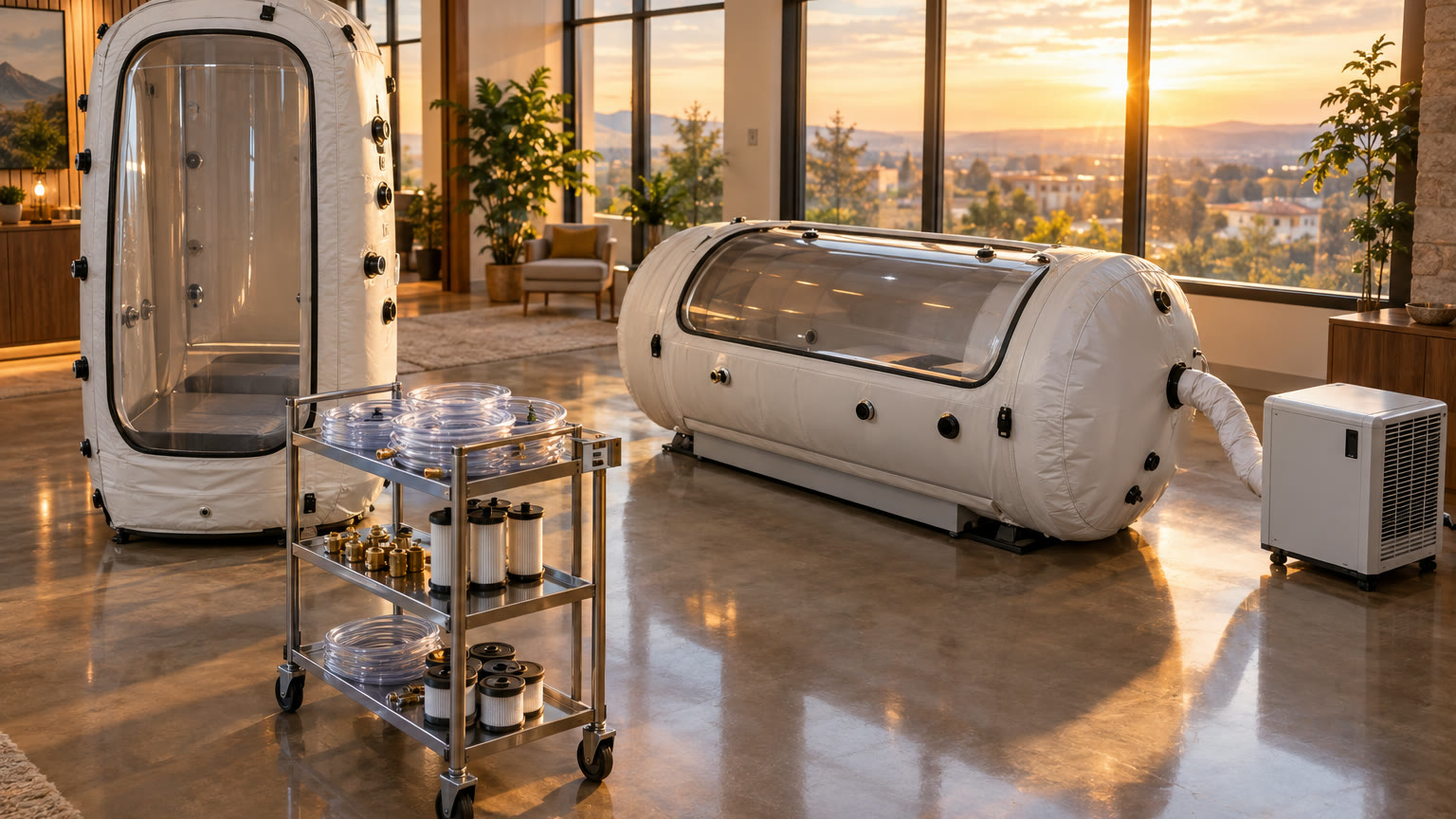 Illustrative AI-generated wide shot of softshell hyperbaric chambers, a staging cart, and a chamber air conditioning unit in a sunlit showroom