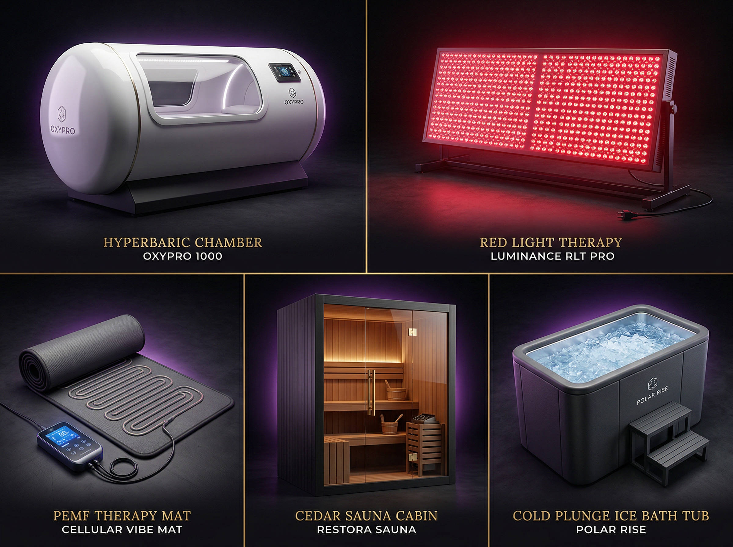 Hyperbaric chamber, red light panel, PEMF mat, sauna, and cold plunge equipment