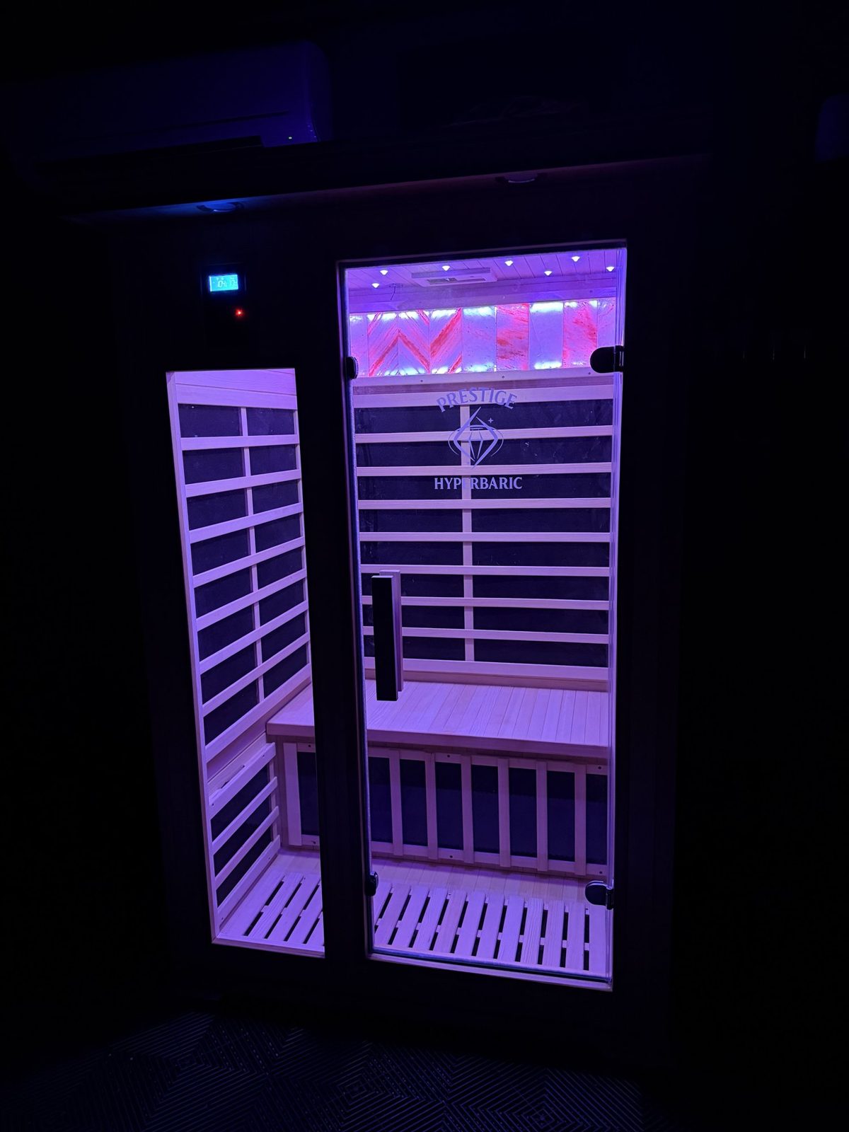 Classic Carbon Duo Sauna with color-changing interior lighting