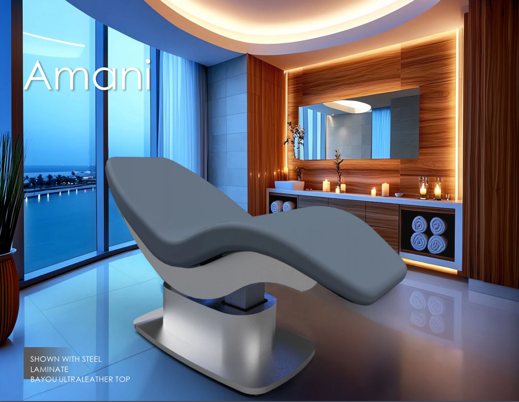 Amani SHOWN WITH STEEL LAMINATE BAYOU ULTRALEATHER TOP