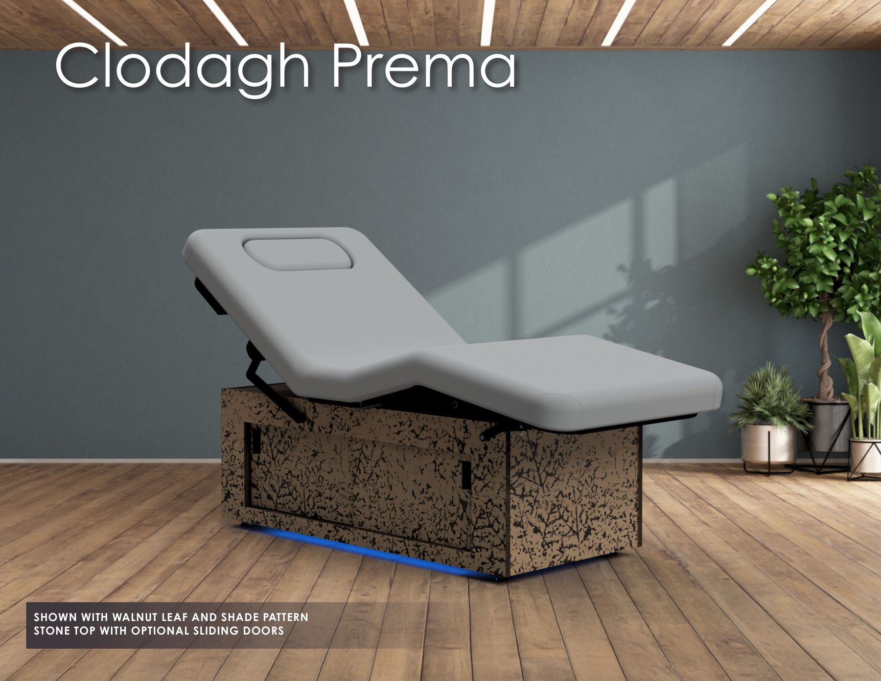 Clodagh Prema SHOWN WITH WALNUT LEAF AND SHADE PATTERN STONE TOP WITH OPTIONAL SLIDING DOORS