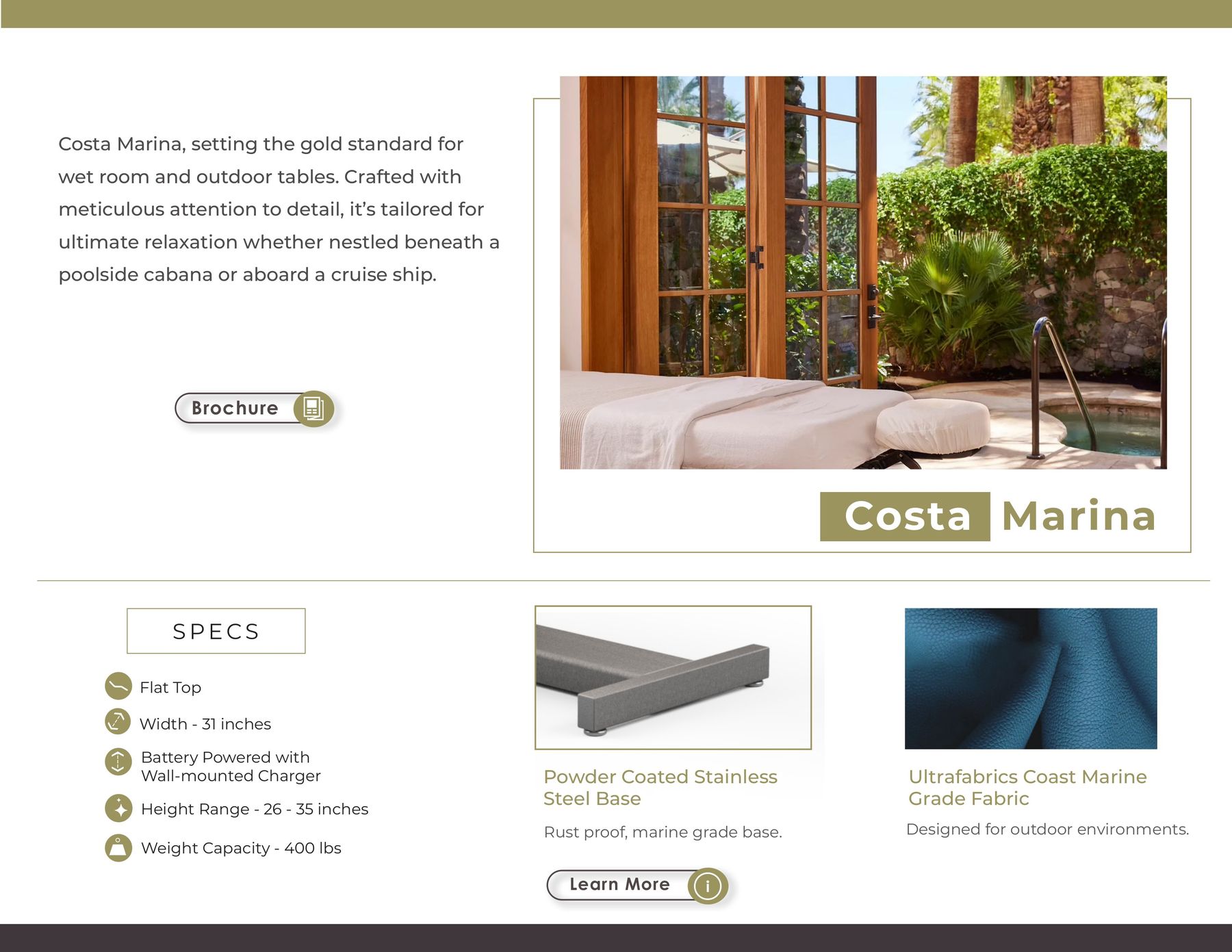 Costa Marina, setting the gold standard for wet room and outdoor tables. Crafted with meticulous attention to detail, it’s tailored for ulti