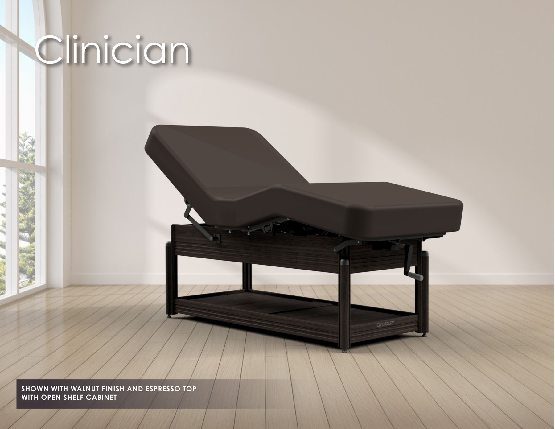 Clinician SHOWN WITH WALNUT FINISH AND ESPRESSO TOP WITH OPEN SHELF CABINET