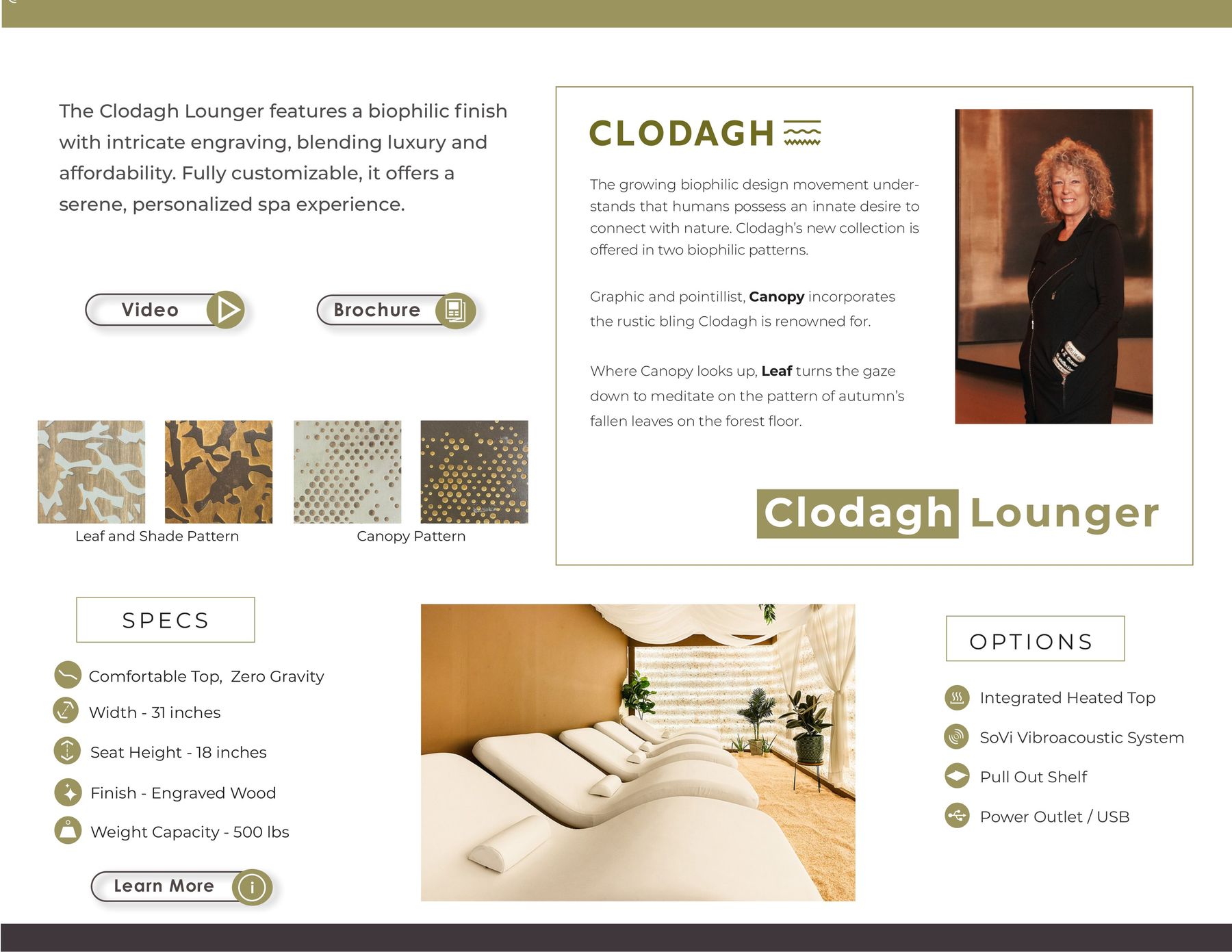 The Clodagh Lounger features a biophilic finish with intricate engraving, blending luxury and affordability. Fully customizable, it offers a