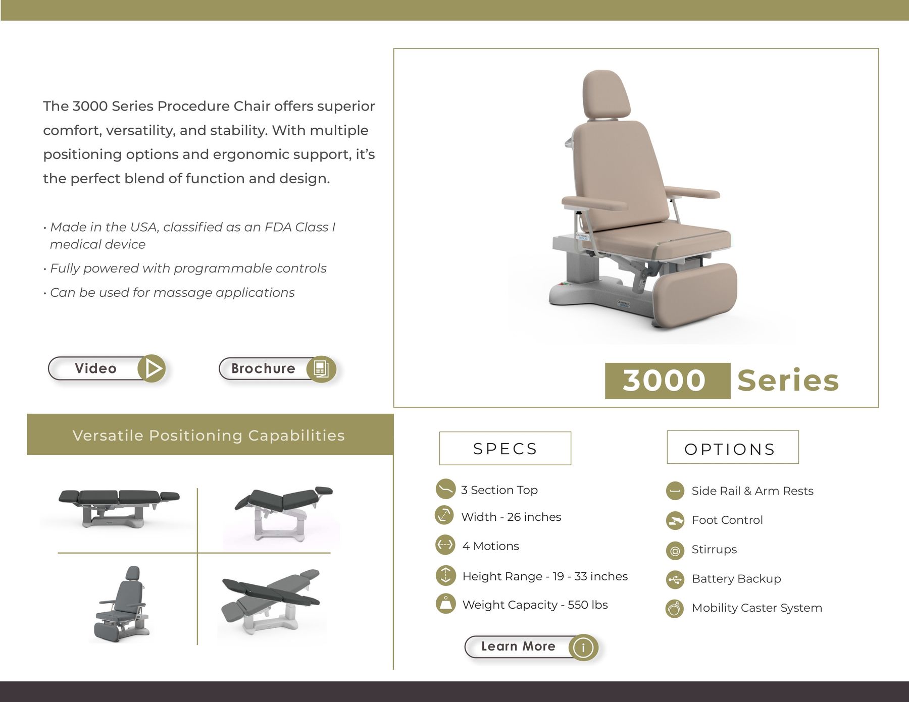 The 3000 Series Procedure Chair offers superior comfort, versatility, and stability. With multiple positioning options and ergonomic support
