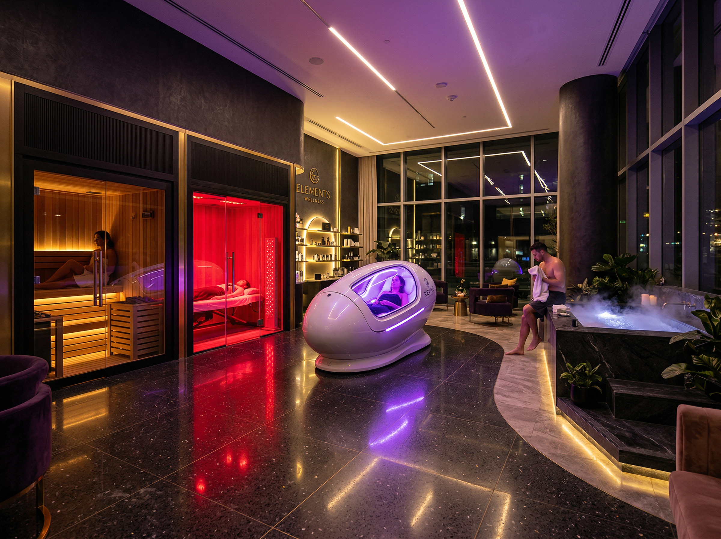 Luxury wellness center with hyperbaric, red light, sauna and cold plunge